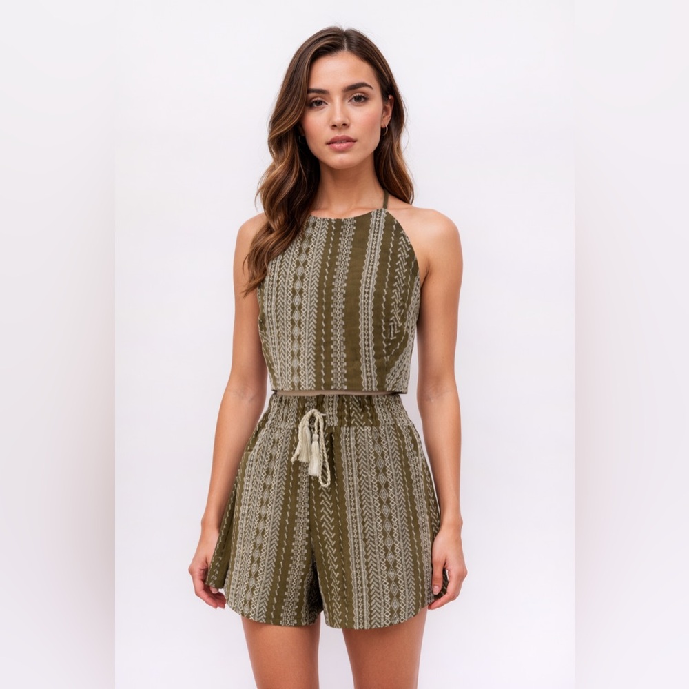 House Of Harlow 1960 Earthy Olive Boho Co-Ord Set Lightweight Summer Outfit SZ-L